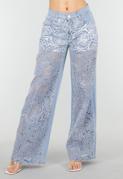 NEW180326 Lichtblauwe Wide Leg Jeans met Bloemenprint