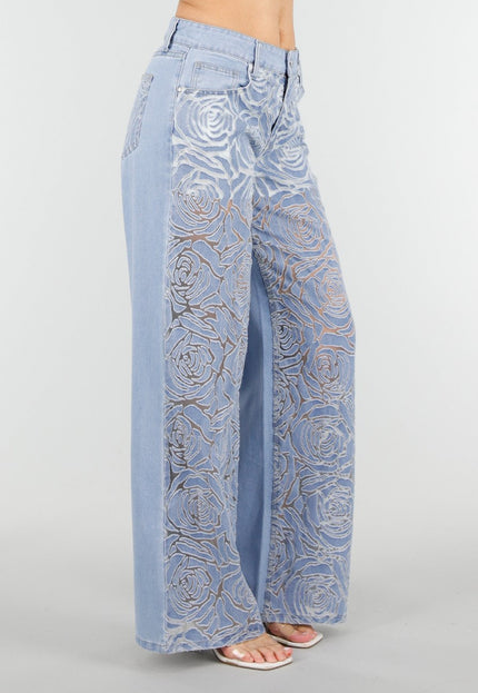 NEW180326 Lichtblauwe Wide Leg Jeans met Bloemenprint