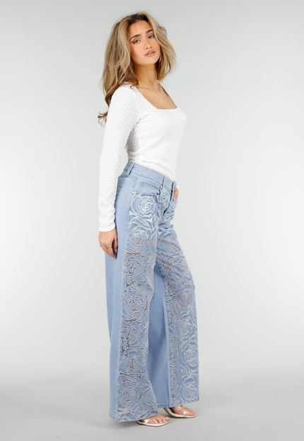 NEW180326 Lichtblauwe Wide Leg Jeans met Bloemenprint