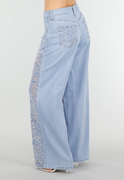 NEW180326 Lichtblauwe Wide Leg Jeans met Bloemenprint