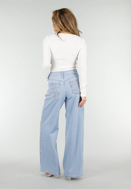 NEW180326 Lichtblauwe Wide Leg Jeans met Bloemenprint