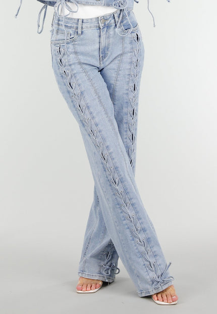 NEW180326 Lichtblauwe Wide Leg Jeans met Veterdetails
