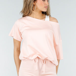 NEW180326 Lichtroze One Shoulder Top met Ingewerkte Top