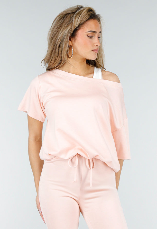NEW180326 Lichtroze One Shoulder Top met Ingewerkte Top