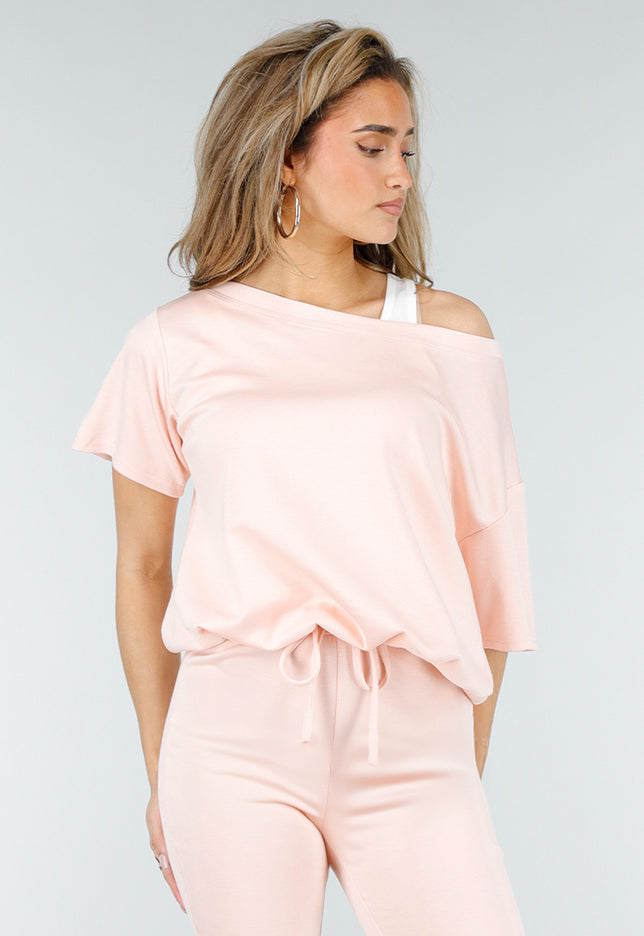 NEW180326 Lichtroze One Shoulder Top met Ingewerkte Top
