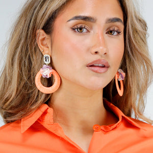 NEW180326 Oranje Ronde Oorbellen met Bloem en Steen