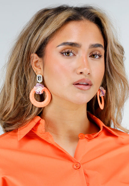 NEW180326 Oranje Ronde Oorbellen met Bloem en Steen