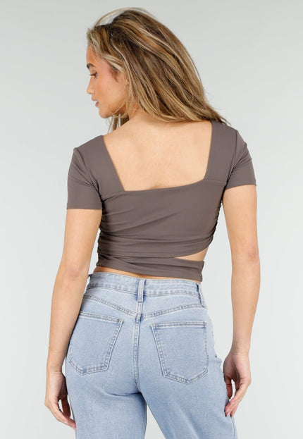 NEW180326 Taupe Crop Top met Wrap Detail