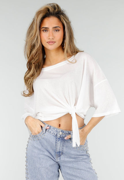 NEW180326 Witte Top met Knoopdetail en Korte Mouwen