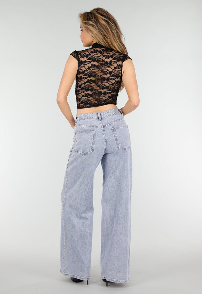 NEW180326 Zwarte Kanten Corset Top met Korte Mouwen