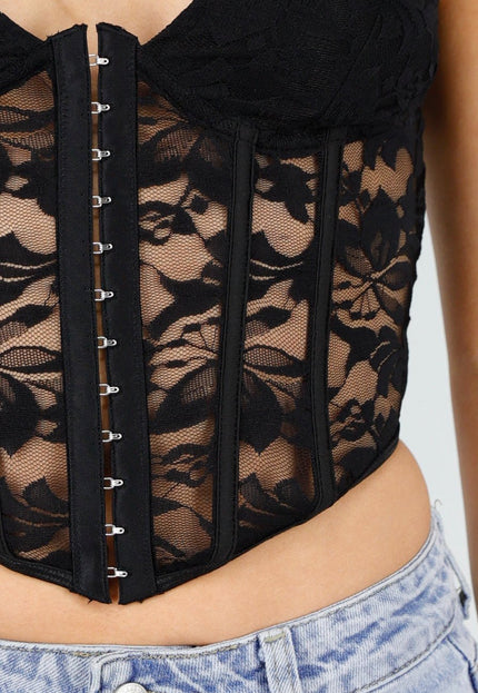 NEW180326 Zwarte Kanten Corset Top met Korte Mouwen
