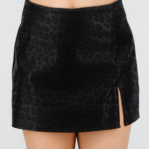 NEW180326 Zwarte Lederlook Luipaard Print Skort met Split