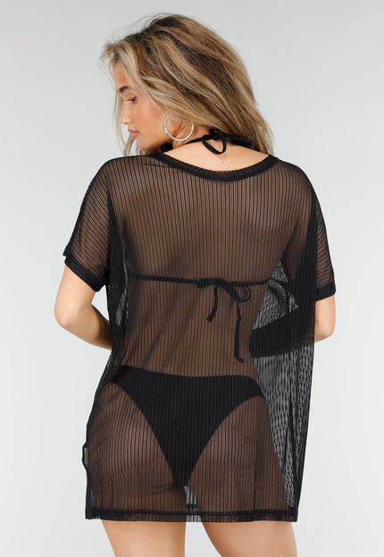 NEW180326 Zwarte Mesh Cover Up met Korte Mouwen
