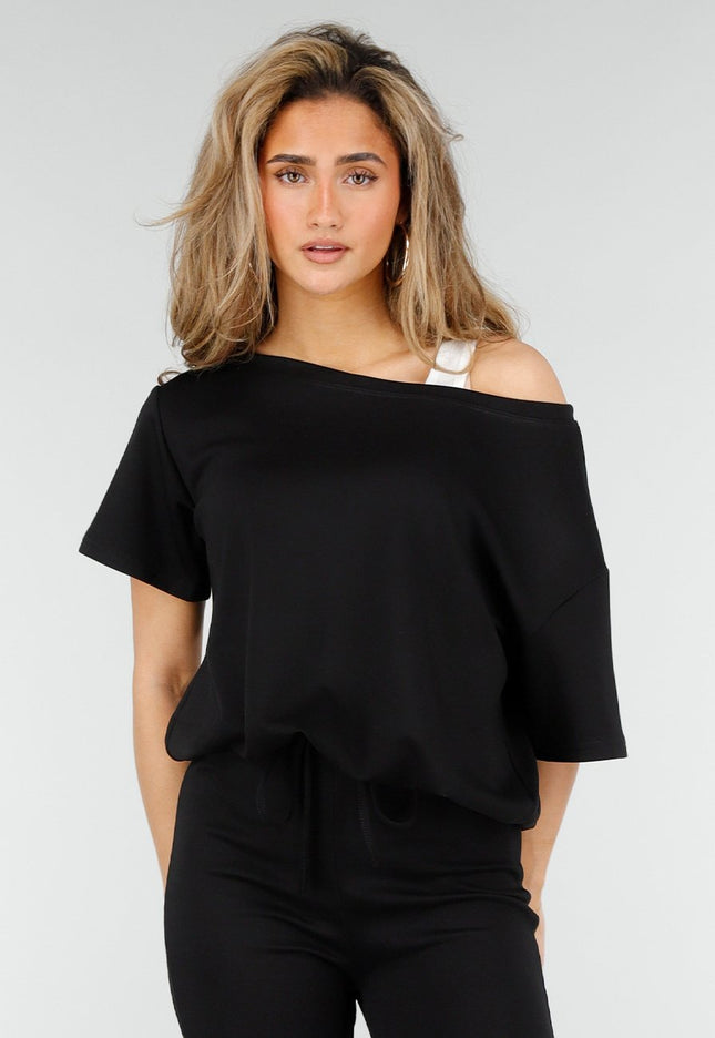 NEW180326 Zwarte One Shoulder Top met Ingewerkte Top