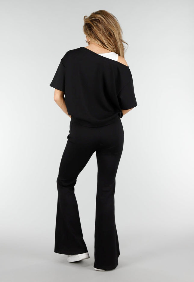 NEW180326 Zwarte One Shoulder Top met Ingewerkte Top