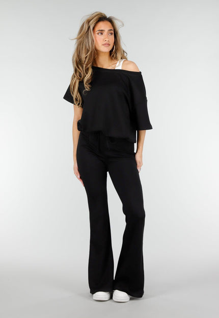 NEW180326 Zwarte One Shoulder Top met Ingewerkte Top