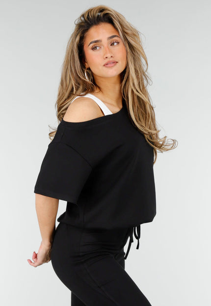 NEW180326 Zwarte One Shoulder Top met Ingewerkte Top