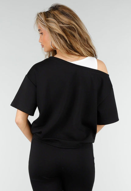 NEW180326 Zwarte One Shoulder Top met Ingewerkte Top