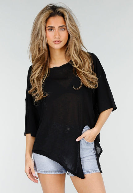 NEW180326 Zwarte Top met Knoopdetail en Korte Mouwen