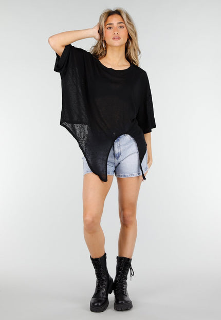 NEW180326 Zwarte Top met Knoopdetail en Korte Mouwen