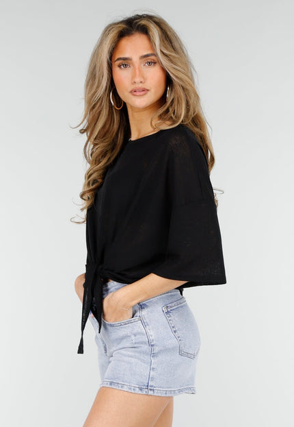 NEW180326 Zwarte Top met Knoopdetail en Korte Mouwen