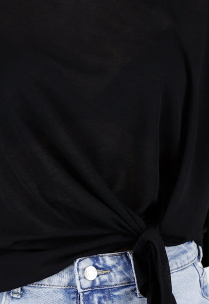 NEW180326 Zwarte Top met Knoopdetail en Korte Mouwen