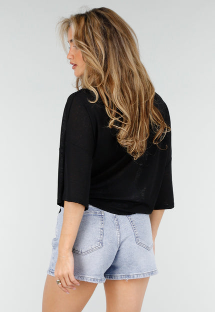 NEW180326 Zwarte Top met Knoopdetail en Korte Mouwen