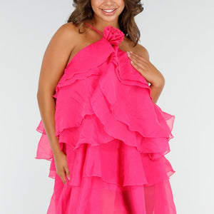 NEW180625 Fuchsia Ruffle Jurk met Spaghettibandjes