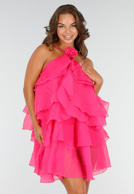 NEW180625 Fuchsia Ruffle Jurk met Spaghettibandjes