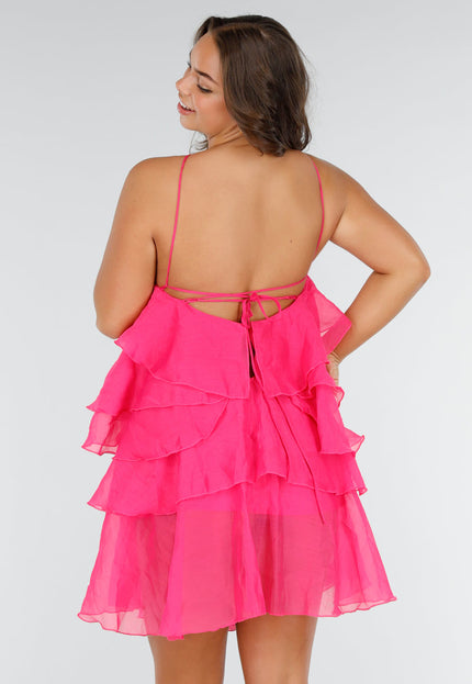 NEW180625 Fuchsia Ruffle Jurk met Spaghettibandjes