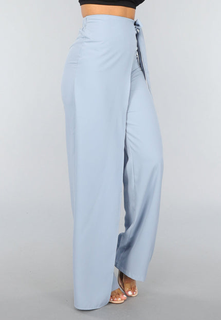 OP=OP.49.S Blauwe Wide Leg Pantalon met Strikdetail