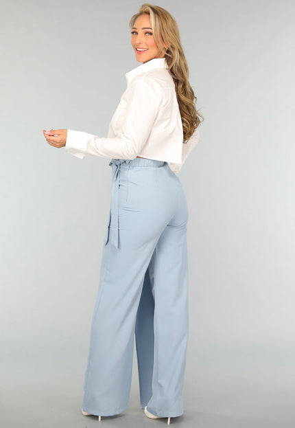 OP=OP.49.S Blauwe Wide Leg Pantalon met Strikdetail