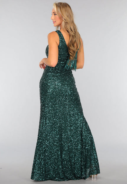 OP=OP.06.NL Donkergroene Pailletten Galajurk met Franjes