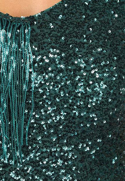 OP=OP.06.NL Donkergroene Pailletten Galajurk met Franjes