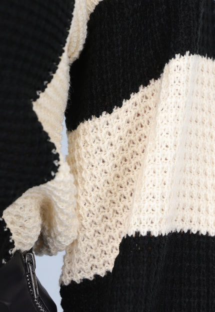 NEW1809 Gestreepte Zwart/Beige Trui met Wijde Mouwen