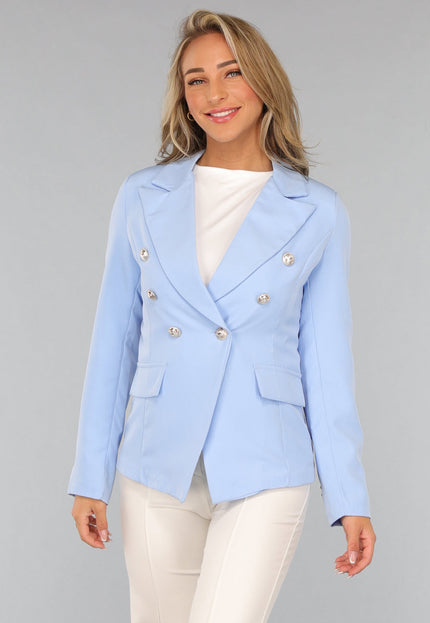 NEW1809 Lichtblauwe Button Blazer met Schoudervulling