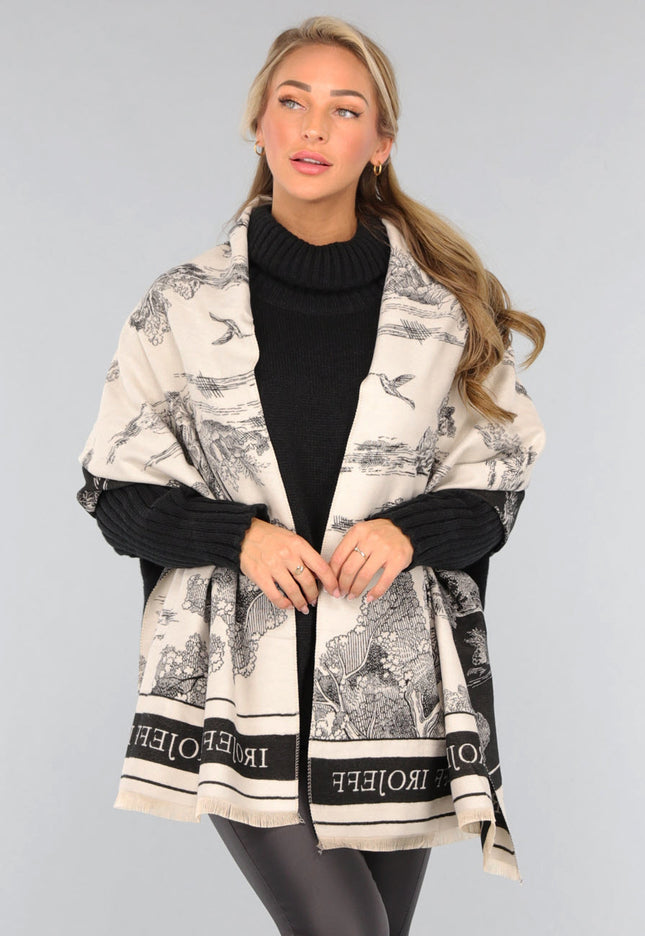 NEW1809 Omslagdoek met Print in Zwart