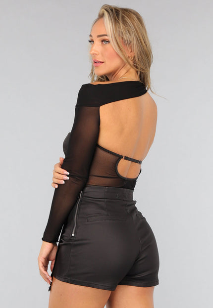 NEW1809 Padded Zwarte One Shoulder Satin Bodysuit