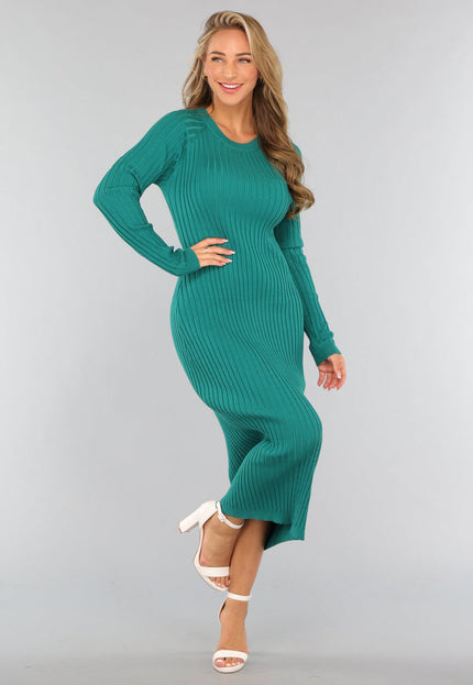 NEW1809 Zeegroene Longsleeve Rib Midi Jurk