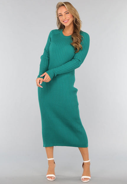 NEW1809 Zeegroene Longsleeve Rib Midi Jurk