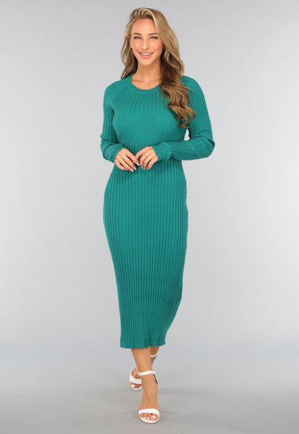 NEW1809 Zeegroene Longsleeve Rib Midi Jurk
