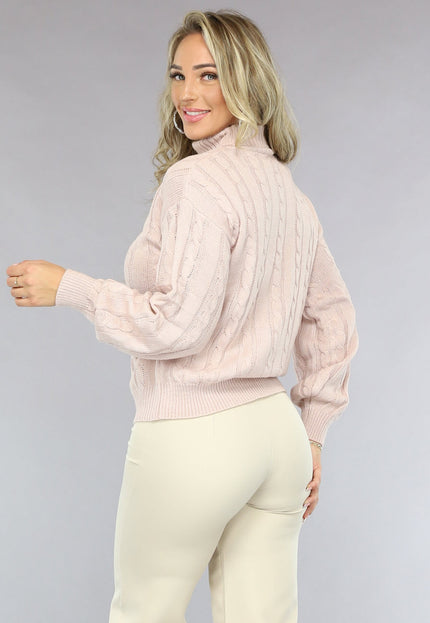 NEW1810 Oudroze Kabeltrui met Omgeslagen Col