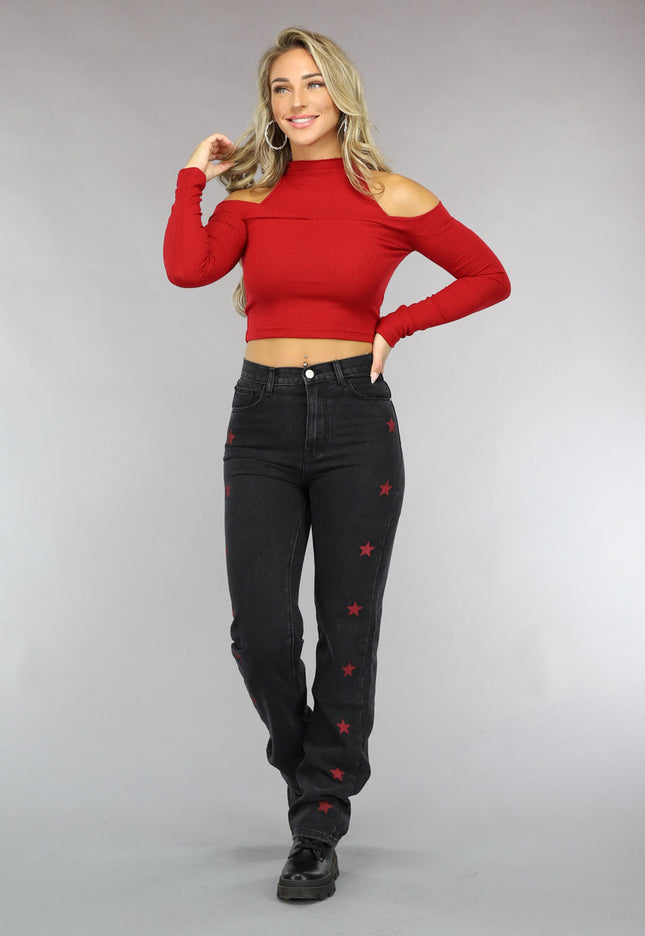 OP=OP.AV.09 Rode Ribstof Top met Off Shoulder Detail