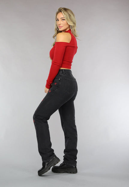 OP=OP.AV.09 Rode Ribstof Top met Off Shoulder Detail