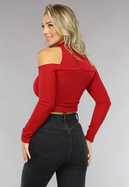 OP=OP.AV.09 Rode Ribstof Top met Off Shoulder Detail