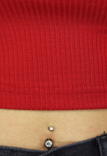 OP=OP.AV.09 Rode Ribstof Top met Off Shoulder Detail