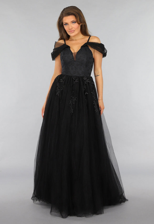 NEW1812 Zwarte Kanten Trouwjurk met Tule Rok