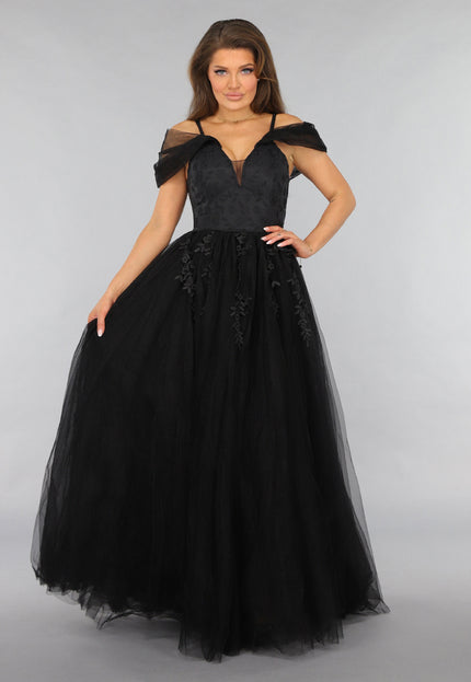 NEW1812 Zwarte Kanten Trouwjurk met Tule Rok