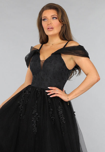 NEW1812 Zwarte Kanten Trouwjurk met Tule Rok