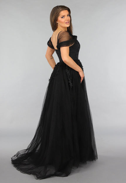 NEW1812 Zwarte Kanten Trouwjurk met Tule Rok